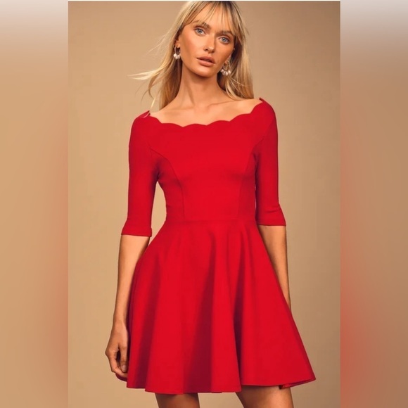 Lulus Dresses & Skirts - Lulu’s Tip the Scallops Red Scalloped Skater Dress size medium